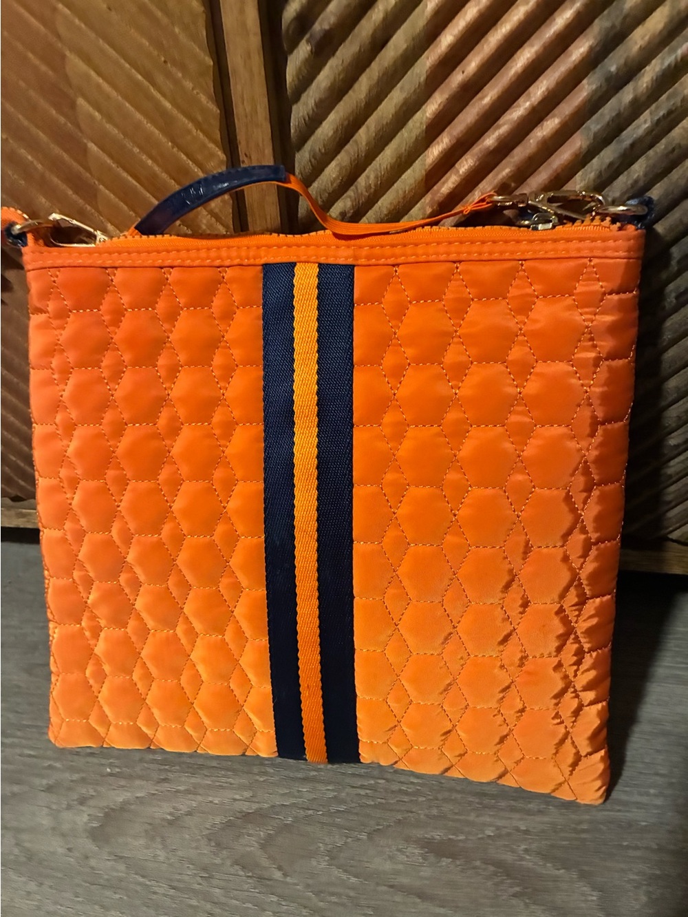 Flyte Orange Quilted Bag with Navy Stripe